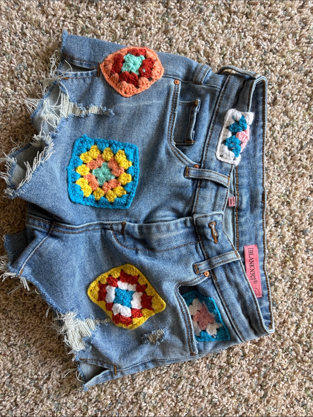 Blank NYC Crocheted Patch Denim Cutoff Shorts - Multicolor